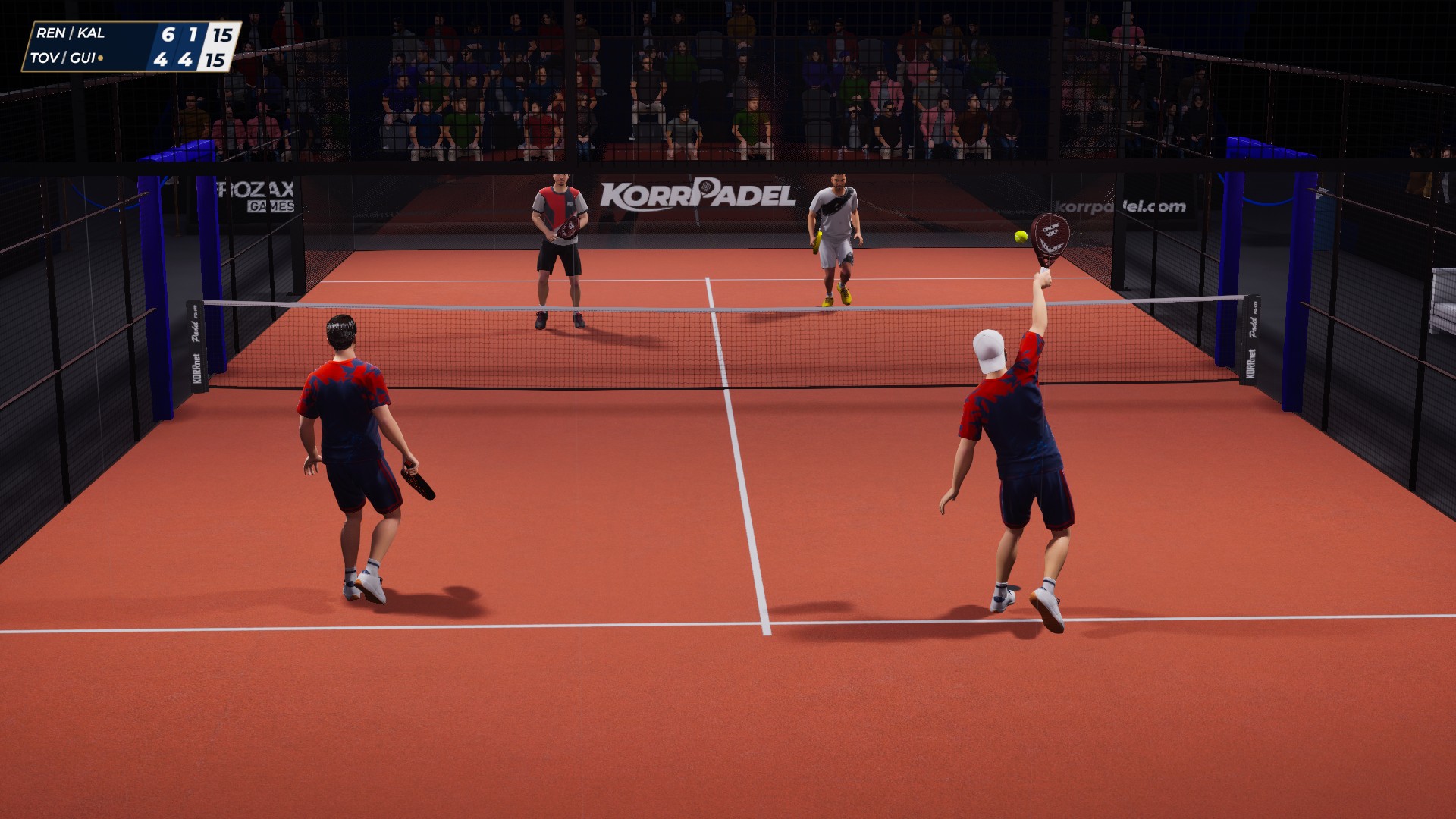 Capture de gameplay du jeu vid&eacute;o KorrPadel en d&eacute;veloppement montrant un match en cours.