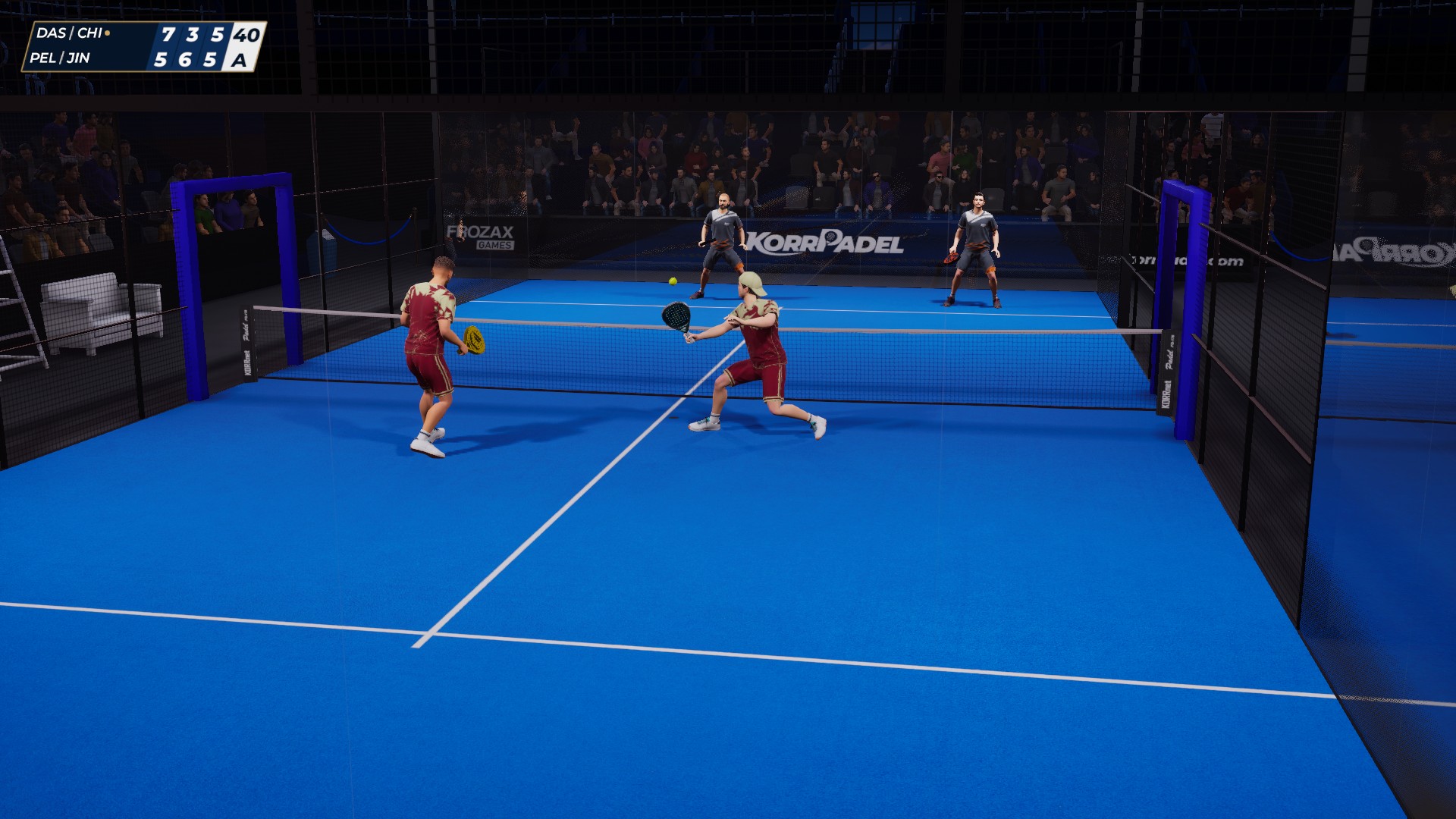 Capture de gameplay du jeu vid&eacute;o KorrPadel en d&eacute;veloppement montrant un match en cours.