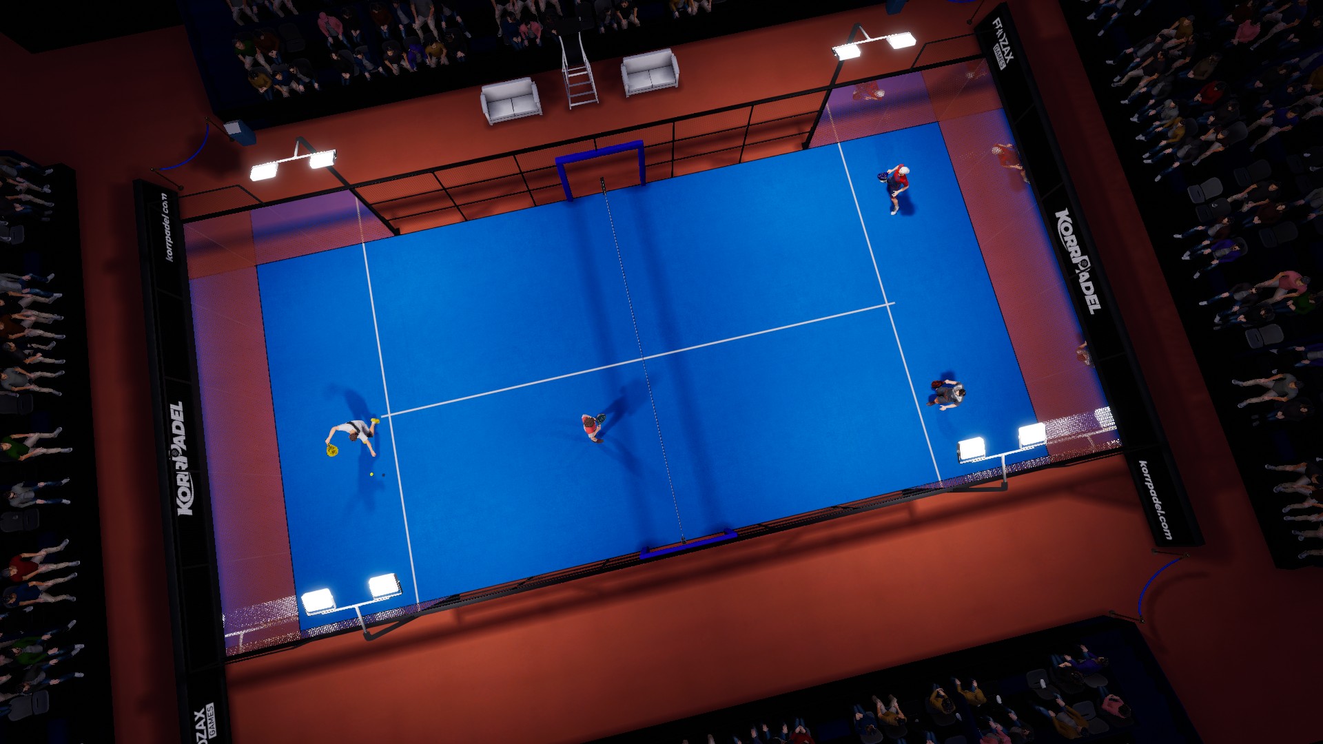 Capture de gameplay du jeu vid&eacute;o KorrPadel en d&eacute;veloppement montrant un match en cours.