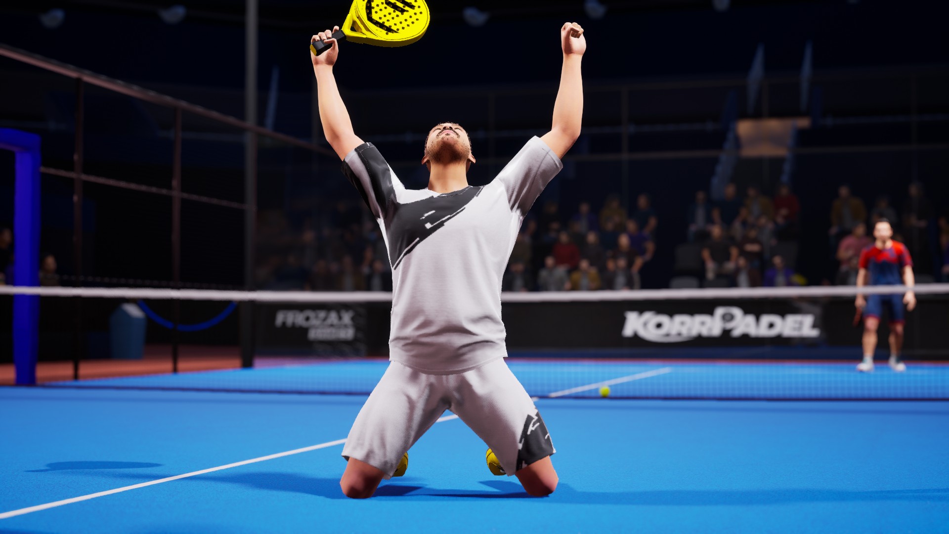 Capture de gameplay du jeu vid&eacute;o KorrPadel en d&eacute;veloppement montrant un match en cours.